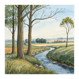 Pastoral Countryside Watercolor Painting with Winding Stream Meadows and Deciduous Trees Landscape (Print Only) thumbnail