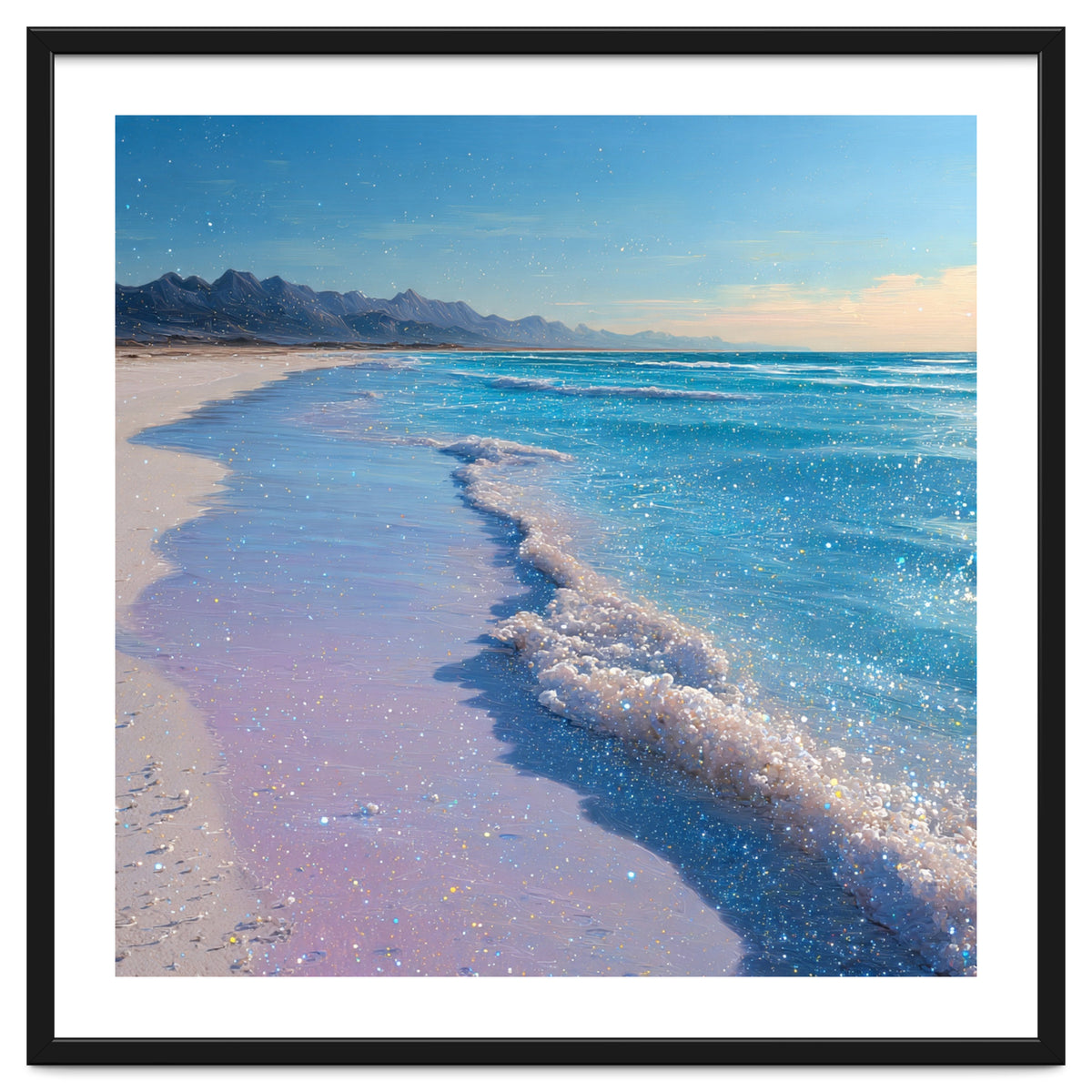 Sparkling Pastel Shoreline with Glittering Turquoise Waves