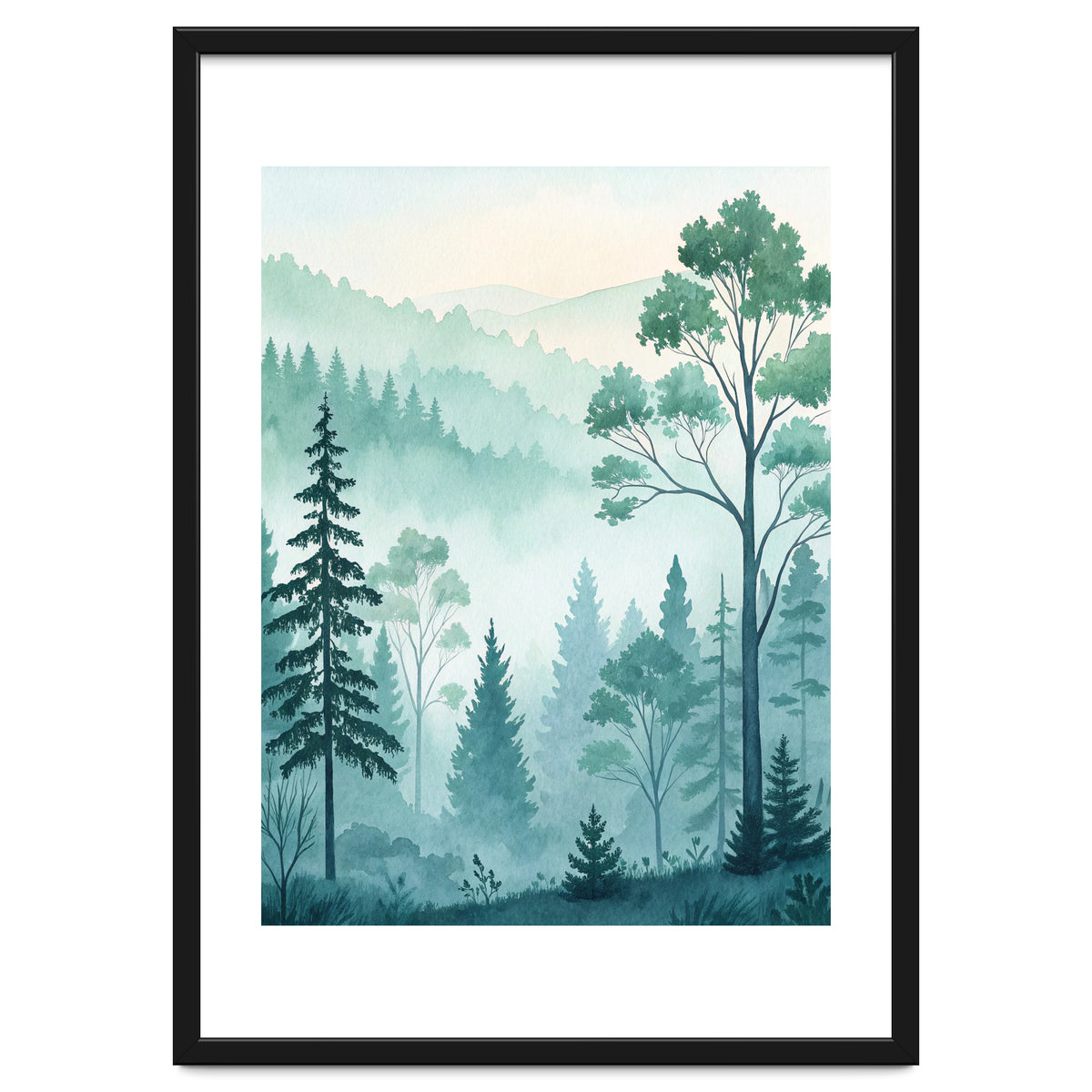 Ethereal Misty Pine Forest Watercolor Art