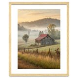 Rustic Red Roof Barn in Misty Morning Valley Landscape thumbnail