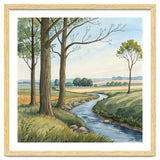 Pastoral Countryside Watercolor Painting with Winding Stream Meadows and Deciduous Trees Landscape thumbnail