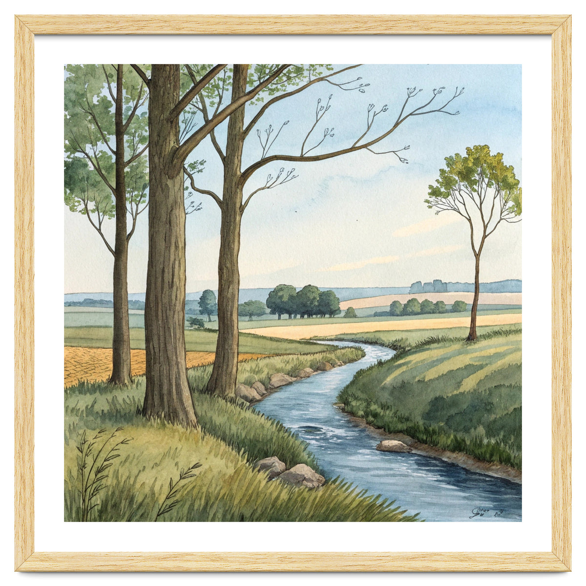Pastoral Countryside Watercolor Painting with Winding Stream Meadows and Deciduous Trees Landscape