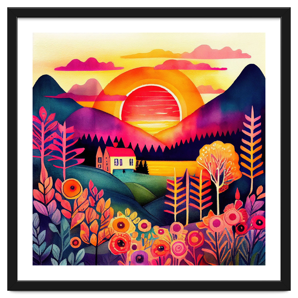 Folk Sunset Over Mountain Lake