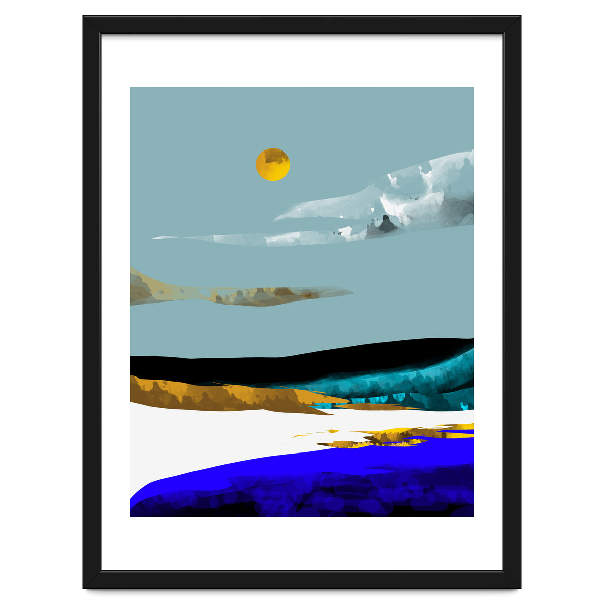 Duality & Intention, Abstract Nature Landscape Adventure Painting, Travel Mountains Sun Sky Scandinavian Clouds