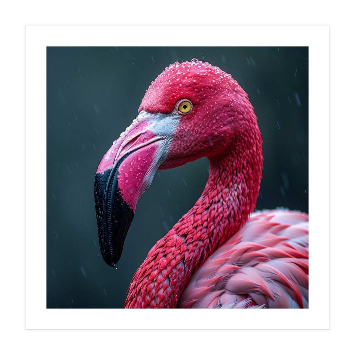 Close Up Pink Flamingo In Rain Drops (Print Only)