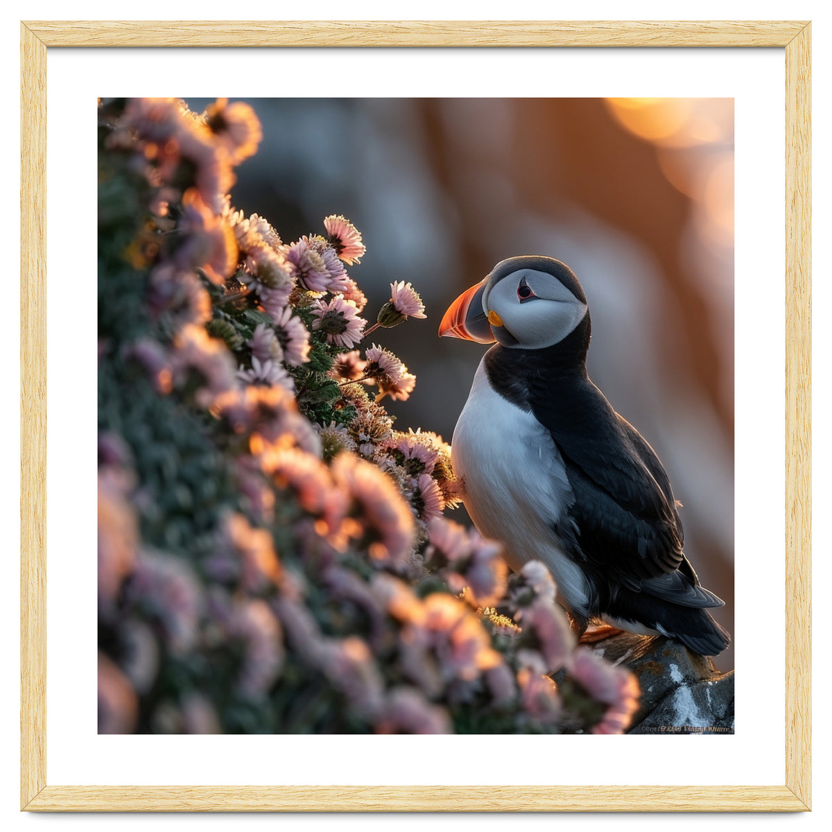Puffin Bird On Rocks Near Pink Flowers At Sunset