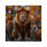 Majestic Lion Sitting On A Rock In Autumn Forest (Print Only) thumbnail