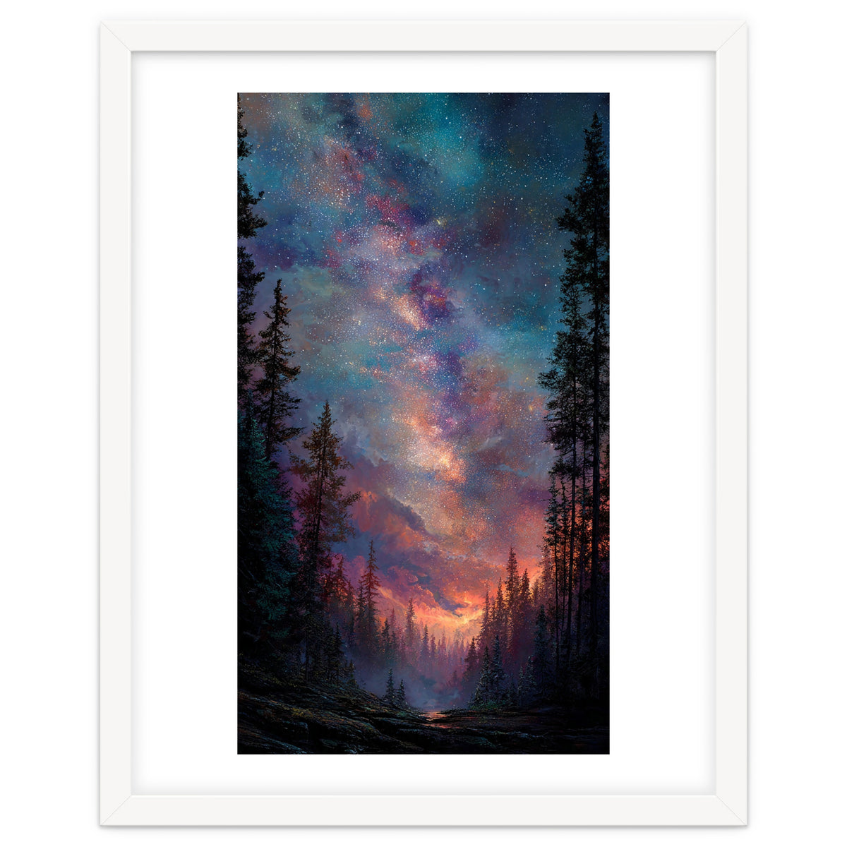 Magical Milky Way Night Sky over Pine Forest Silhouette Art