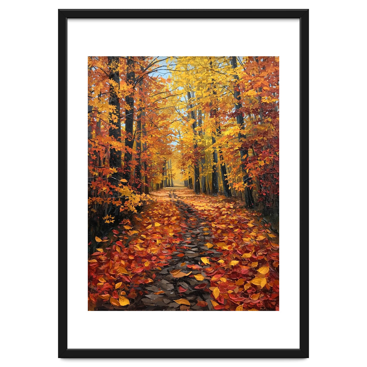 Sun-Drenched Golden Forest Path with Vibrant Autumn Foliage