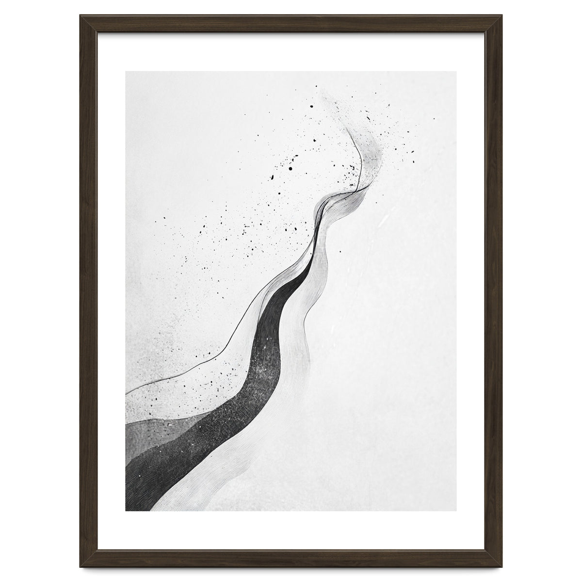 Abstract Black And White Ink Flowing Lines With Splatter