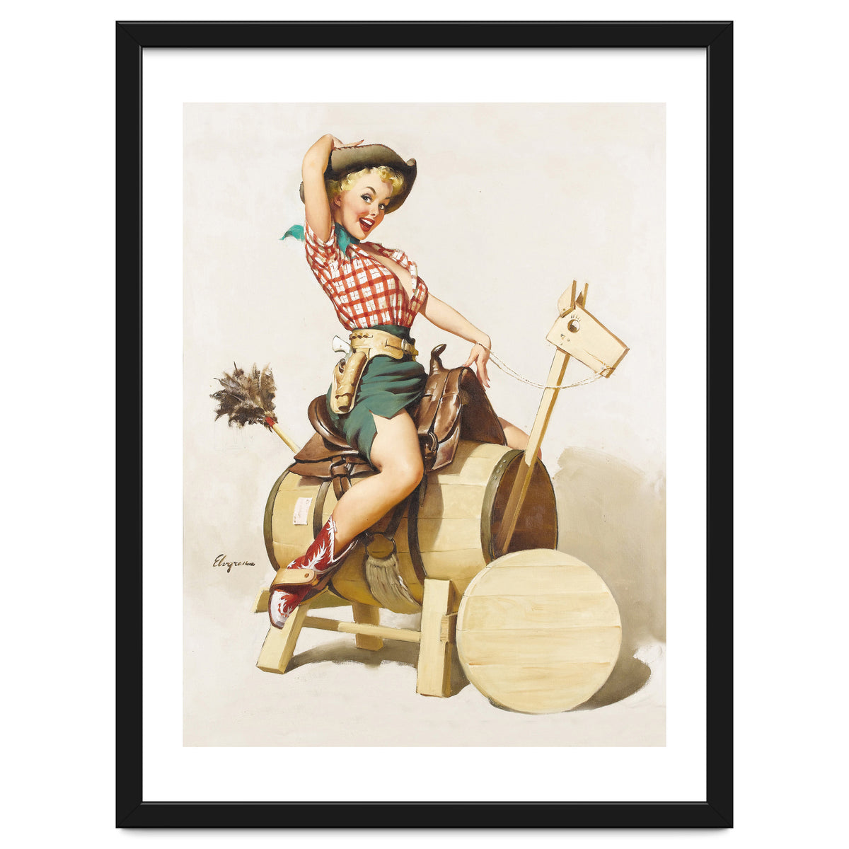 Pinup Cowgirl Riding A Wooden Horse Made Of Barrel