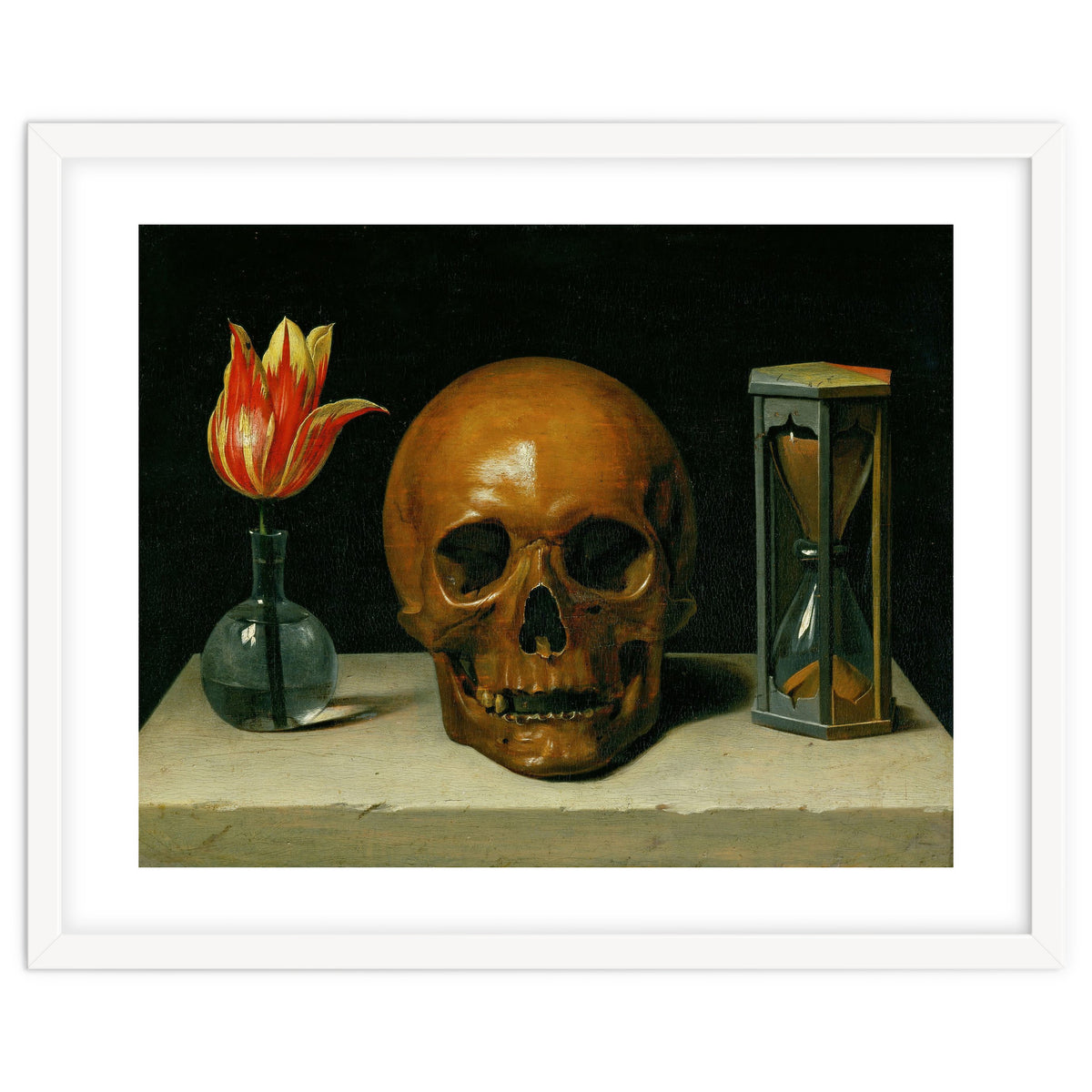 Vanitas, allegory of fleeting time with skull and hour-glass. Oil on canvas.