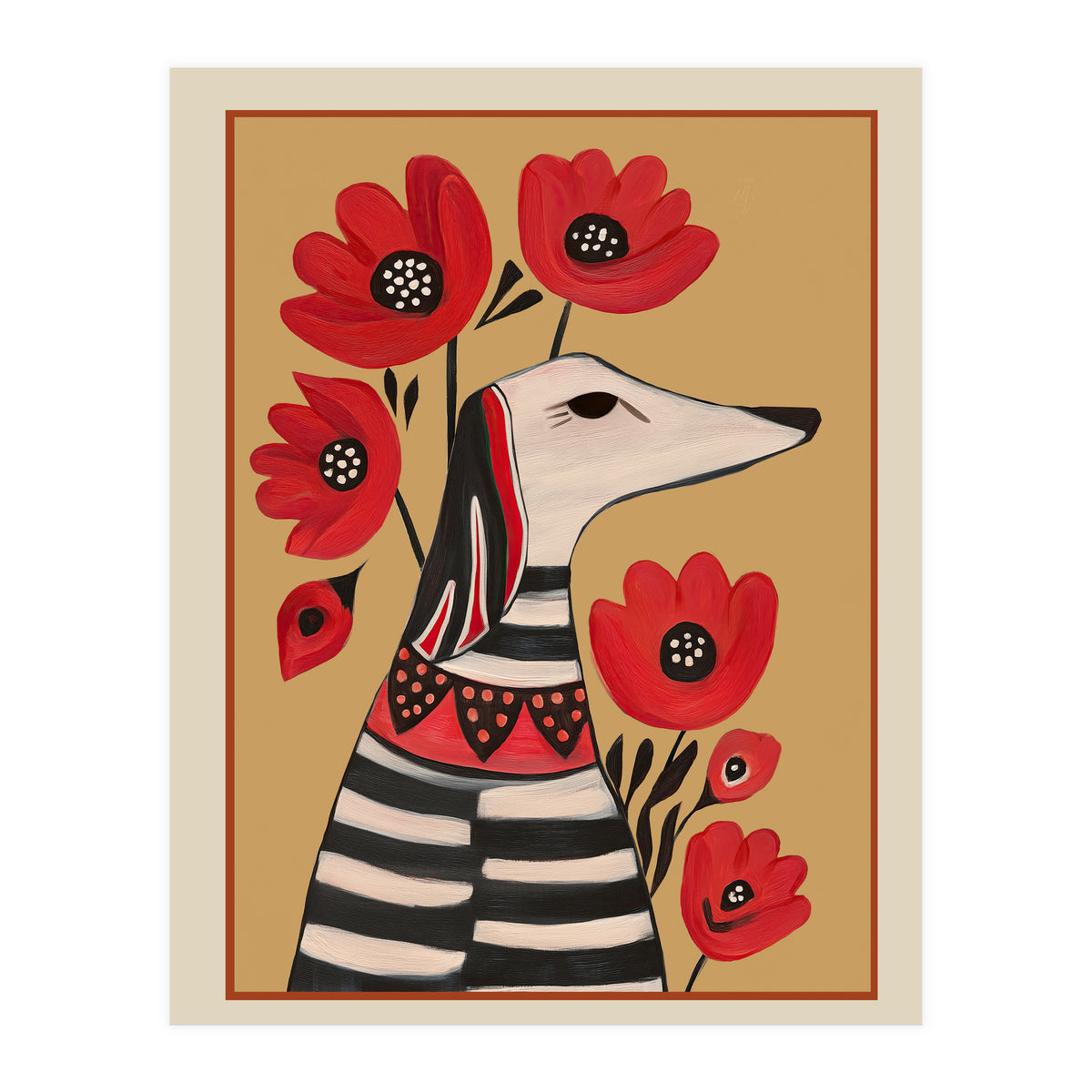Striped Dog With Poppies (Print Only)
