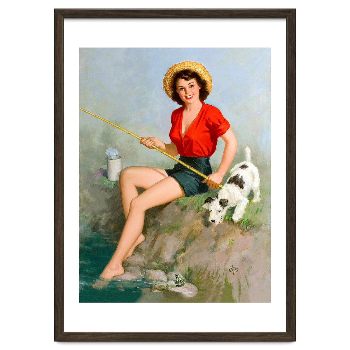 Pinup Girl Fishing With Her Dog