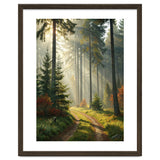 The Golden Path: Ethereal Sunbeams Piercing Through a Misty Evergreen Forest at Dawn thumbnail