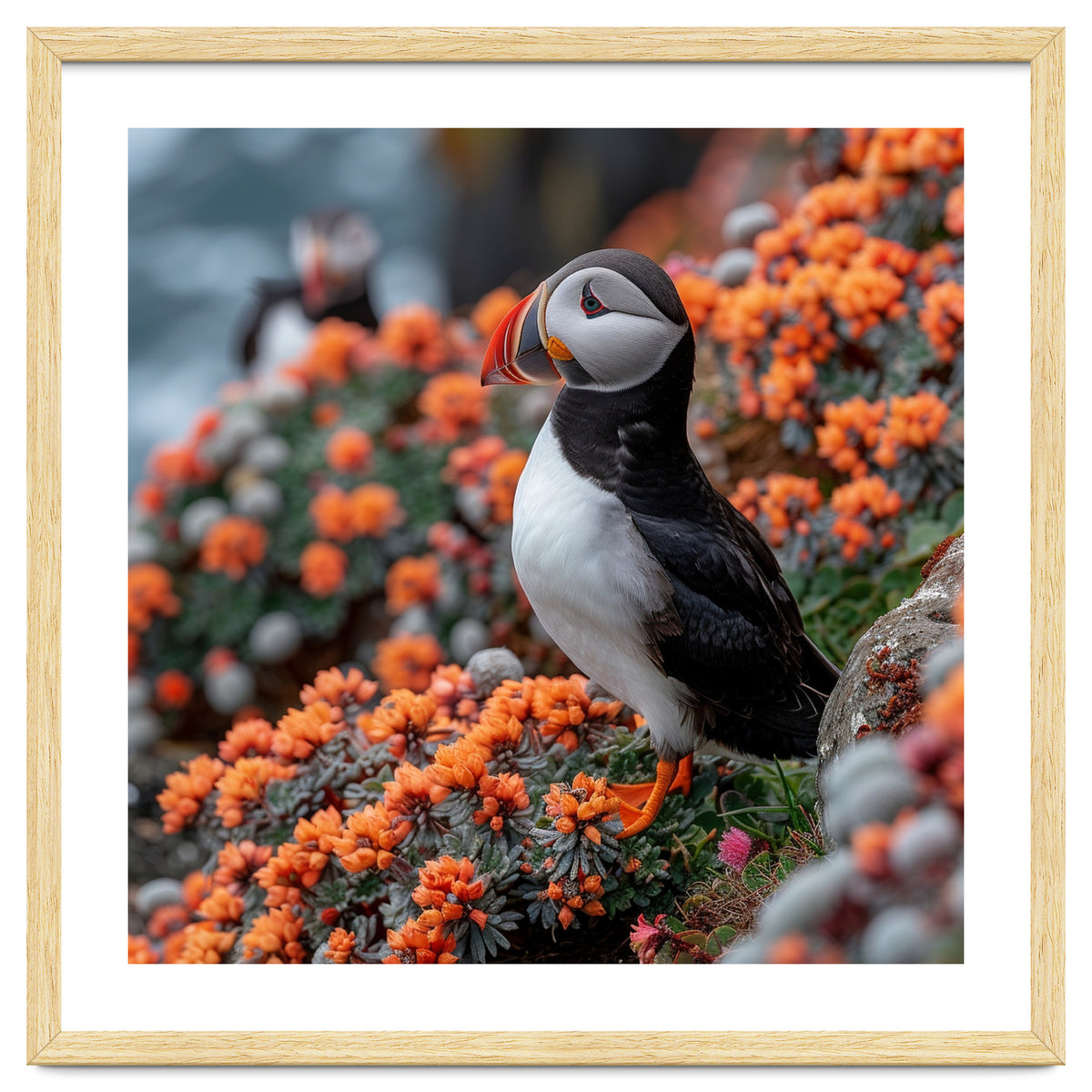 Atlantic Puffin Bird Perched On Orange Flowers