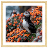 Atlantic Puffin Bird Perched On Orange Flowers