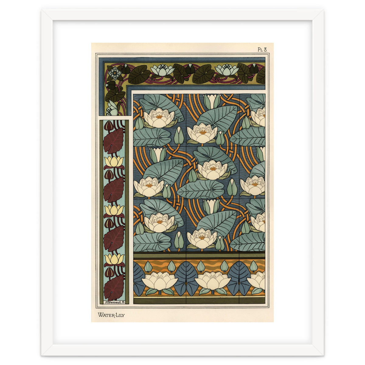 The water lily, Nelumbo lutea, in wallpaper and tile patterns. Lithograph by Verneuil.