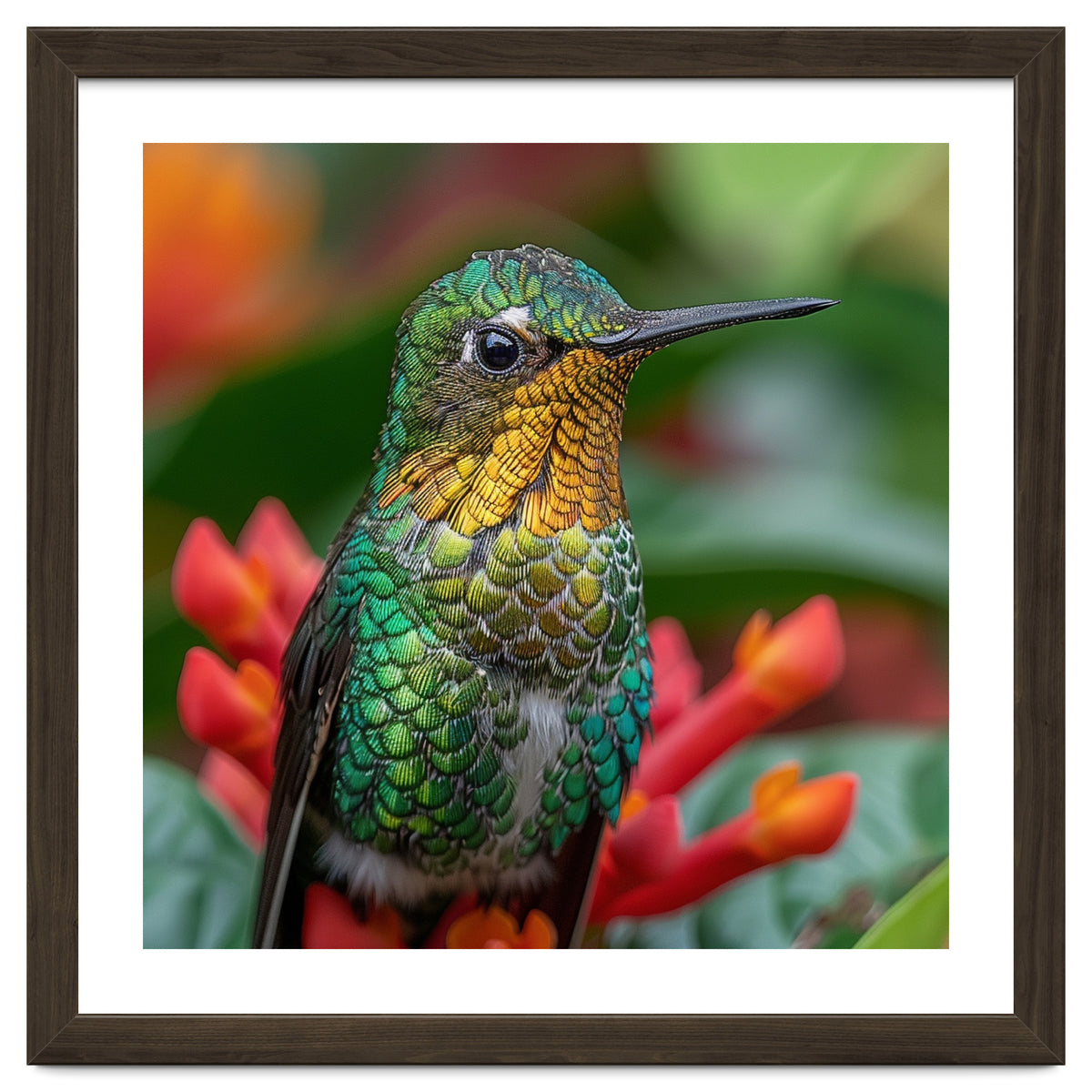 Close Up Of A Hummingbird On Red Flowers