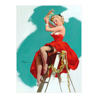 Sexy Pinup Girl In Red Dress Posing On a Ladder (Print Only)