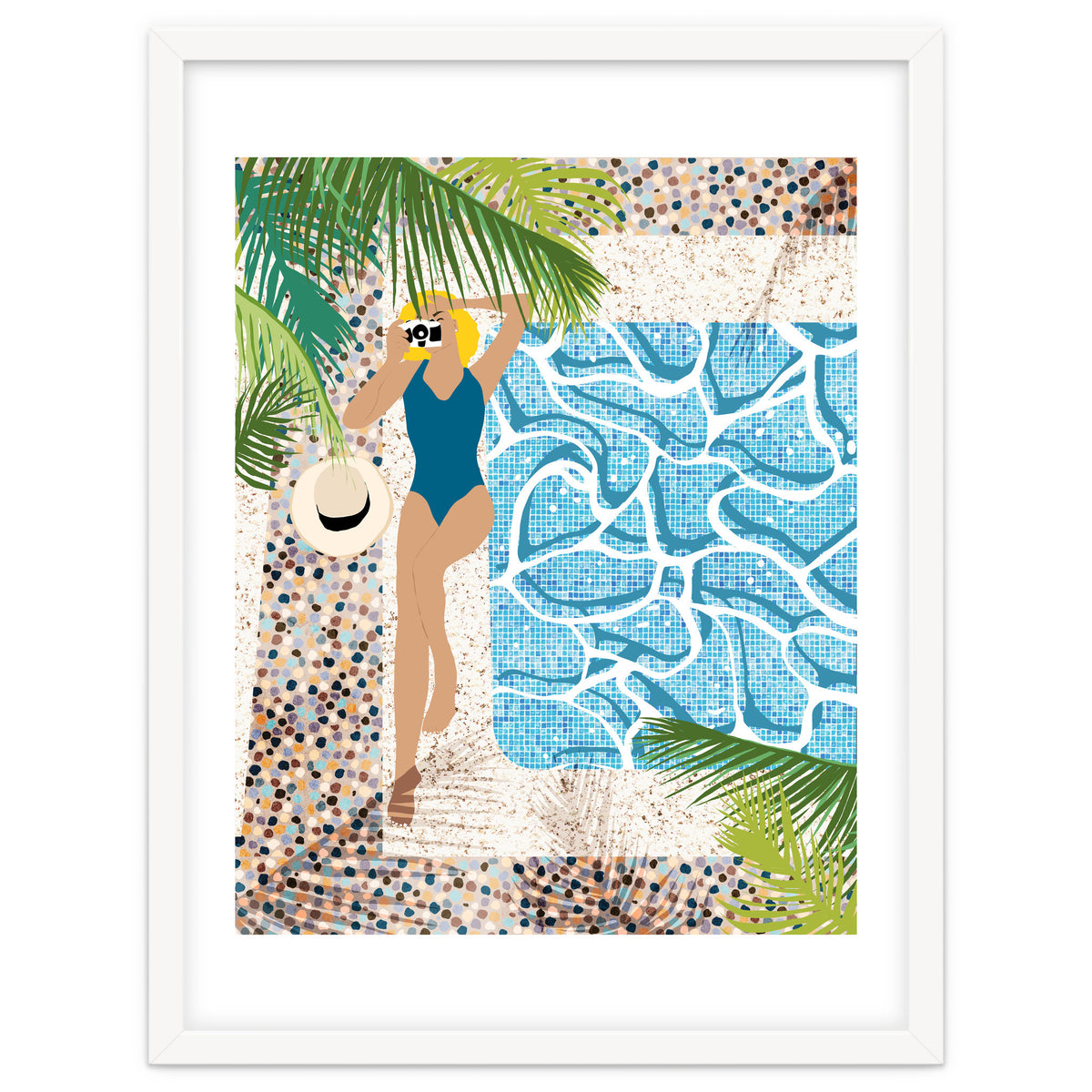 Click, Summer Travel Poolside Swim, Moroccan Tiles Staycation Vacation Holiday, Bohemian Woman Swimsuit Fashion Pose