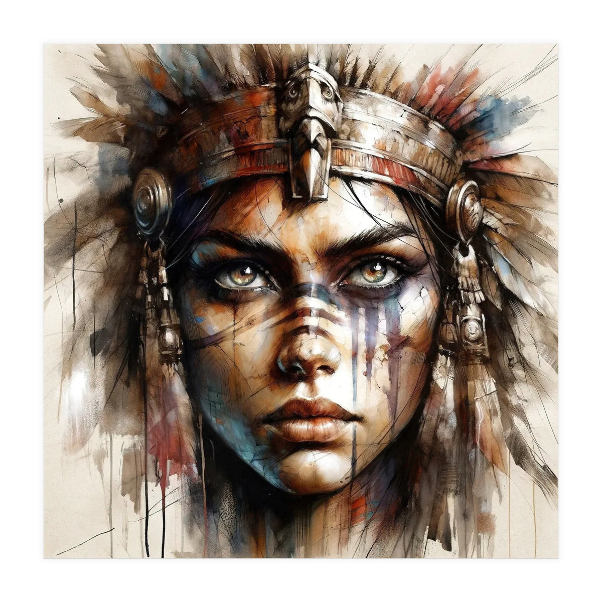 Regal Warrior Woman Watercolor Portrait (Print Only)