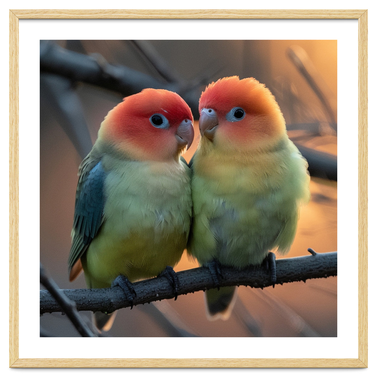 Two Lovebirds Perched On A Branch At Sunset