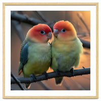 Two Lovebirds Perched On A Branch At Sunset