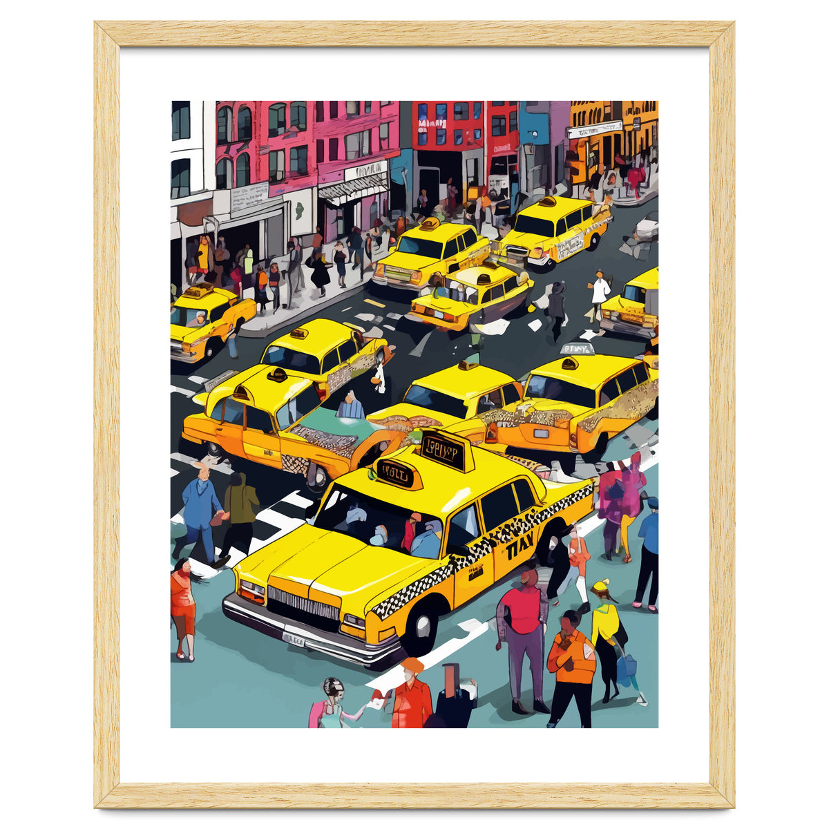 New York Minute, Yellow Taxi Cab Manhattan Downtown Busy Street, Traffic People Buildings Times Square Eclectic Road Architecture