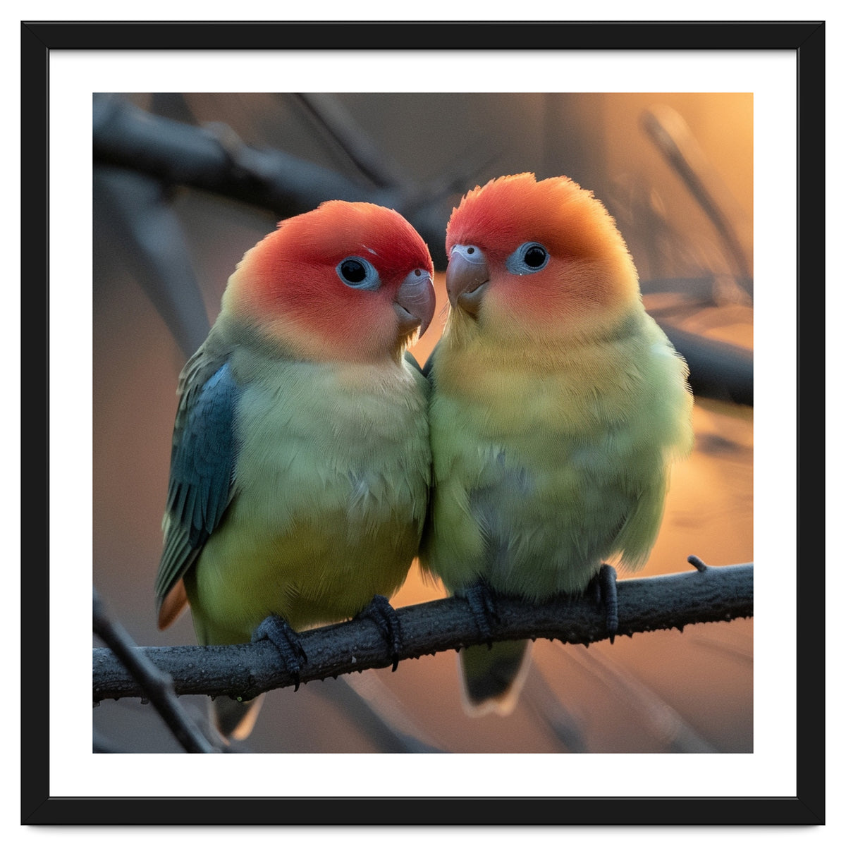 Two Lovebirds Perched On A Branch At Sunset