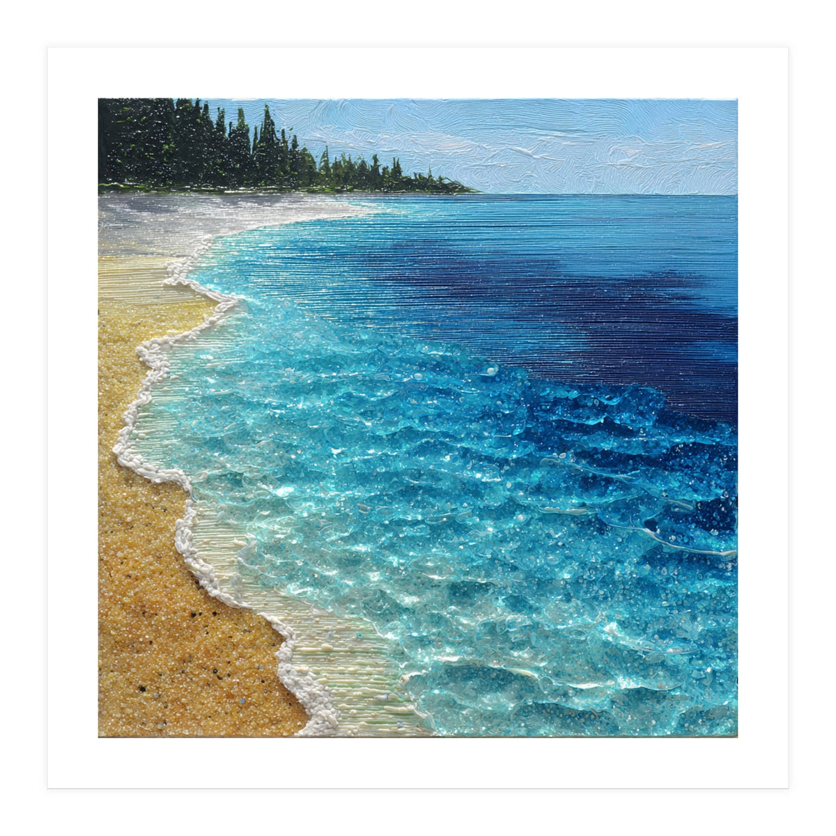 Sun-Drenched Coastal Shoreline with Textured Impasto Waves (Print Only)