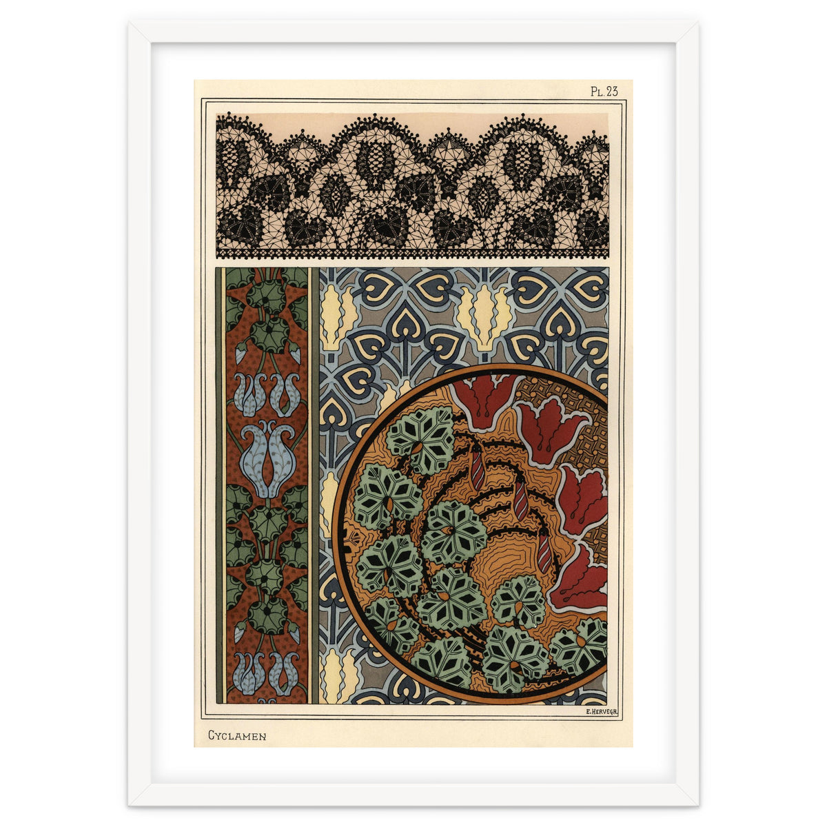 Cyclamen persicum motif in patterns for lace, wallpaper and fabric.