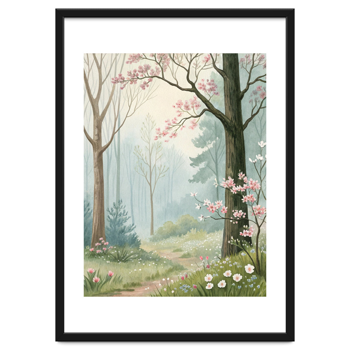 Enchanted Spring Woodland Path with Blooming Cherry Blossoms and Misty Pastel Forest Atmosphere