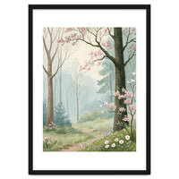 Enchanted Spring Woodland Path with Blooming Cherry Blossoms and Misty Pastel Forest Atmosphere