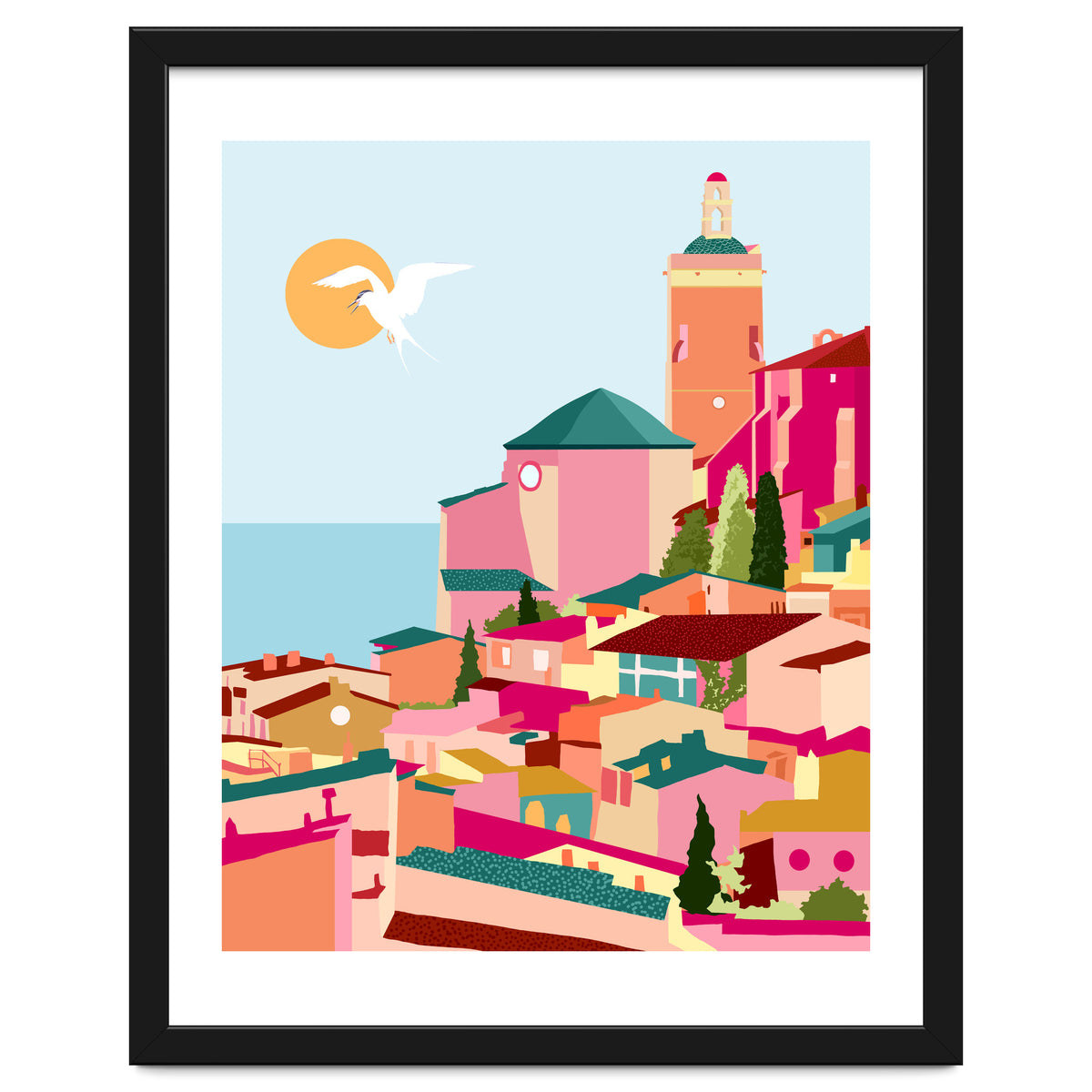 Crimson Rouge, Colorful Architecture Buildings, Greece Cityscape Skyline, Seagull Travel Summer Eclectic Bohemian Pop Of Color Positivity