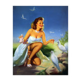 Beautiful Pinup Girl Feeding White Pigeons (Print Only) thumbnail