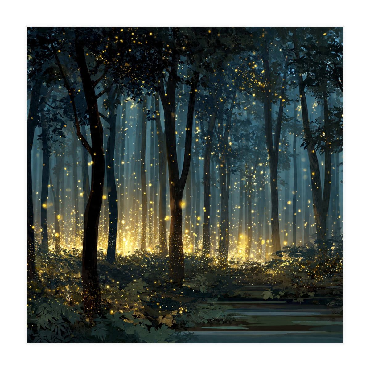 Enchanted Midnight Forest with Glowing Fireflies (Print Only)