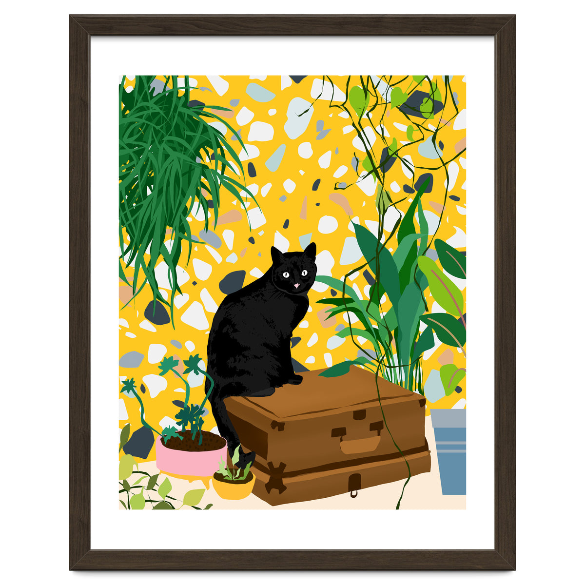 Urban Jungle Cat, Black Cats Pets Terrazzo Decor, Whimsical Bohemian Animals Illustration, Eclectic Quirky Travel