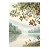 Tranquil Lakeside Forest Watercolor Painting with Overhanging Autumn Branches and Misty Mountain Reflection (Print Only)