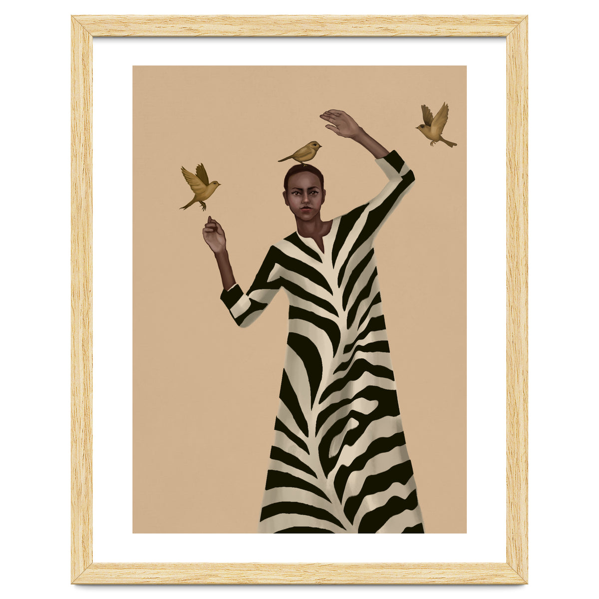 Woman With Birds And Zebra Pattern Dress
