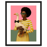 Stylish Woman Holding Goose In Striped Dress thumbnail
