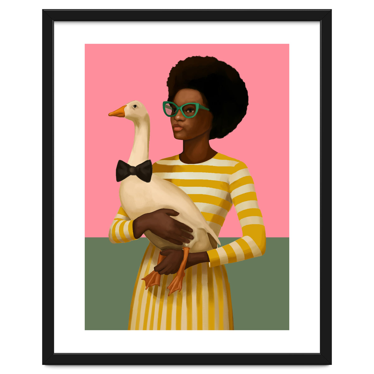 Stylish Woman Holding Goose In Striped Dress