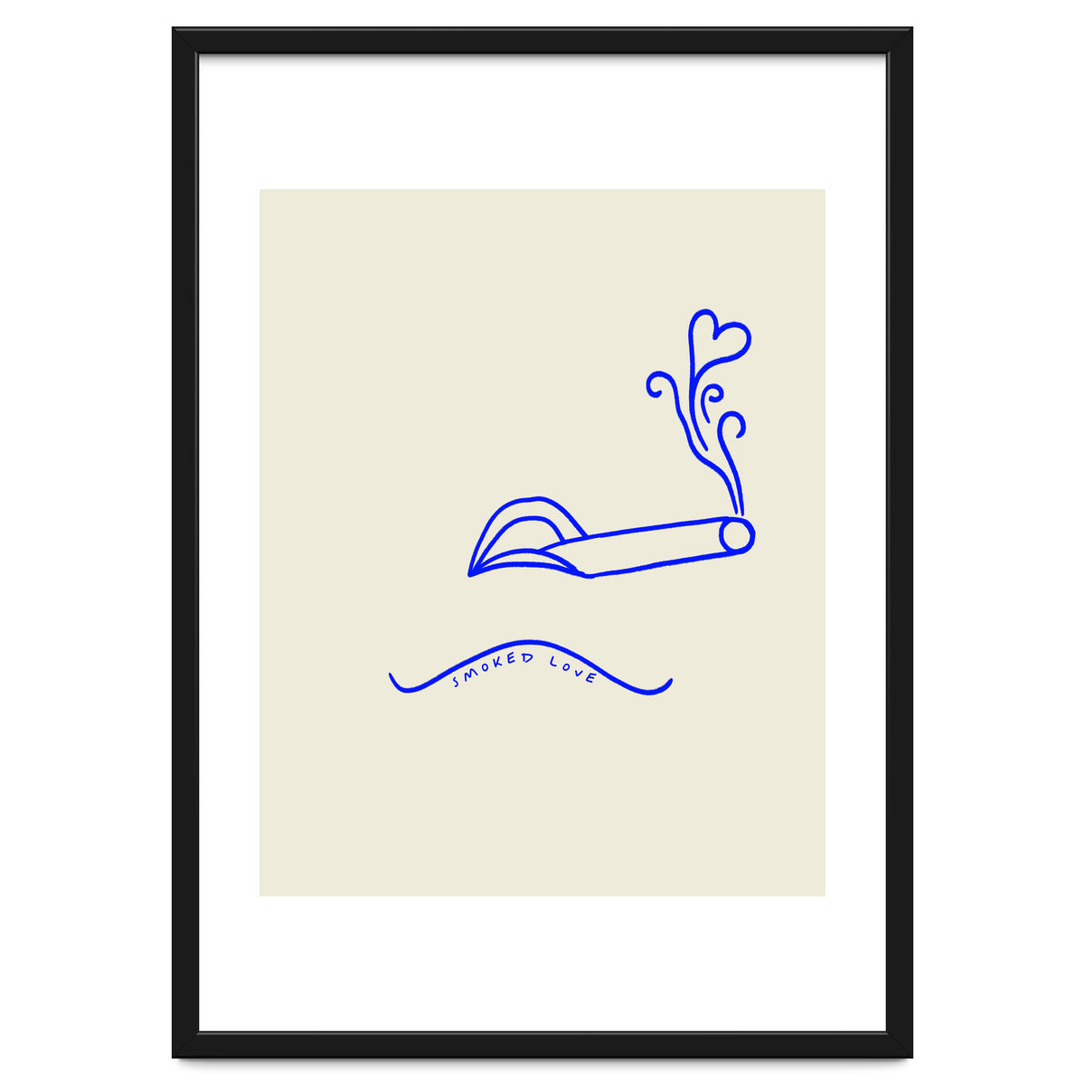 Smoked Love, Line Art Drawing Sketch, Minimalism Doodle Woman Cigarette Cigar Smoke, Eclectic Bohemian Framed