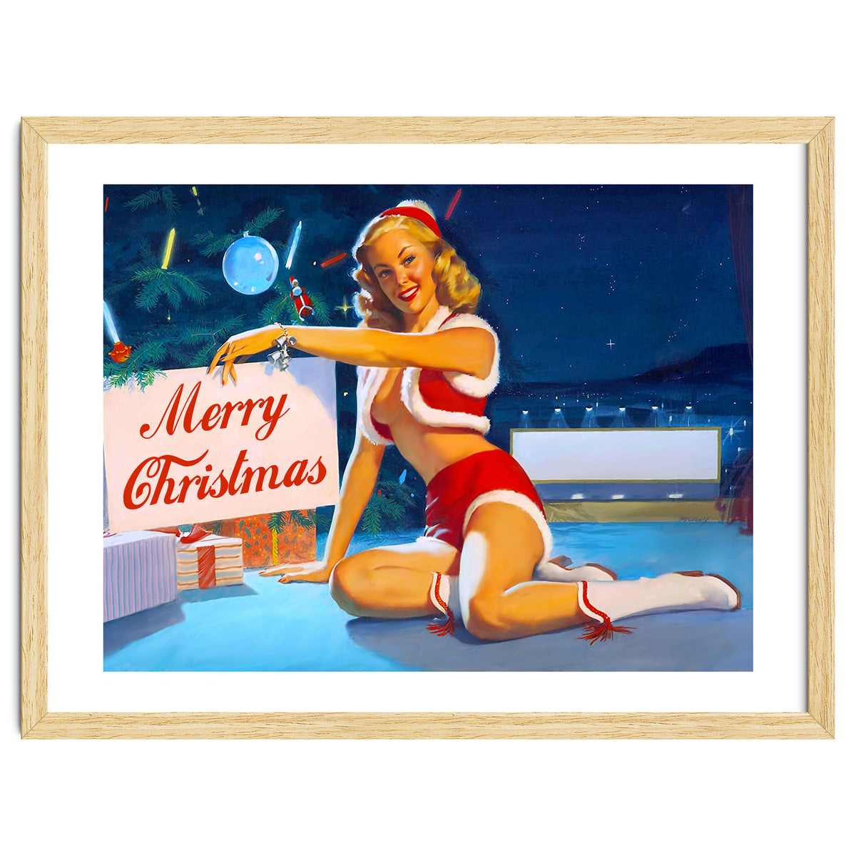 Pinup Girl In Santa Costume With Marry Christmas Sign