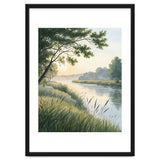 Serene River Sunrise Watercolor Painting with Meadow Grasses and Warm Golden Atmosphere Landscape thumbnail
