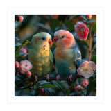 Two Lovebirds Perched On A Branch Near Flowers (Print Only) thumbnail