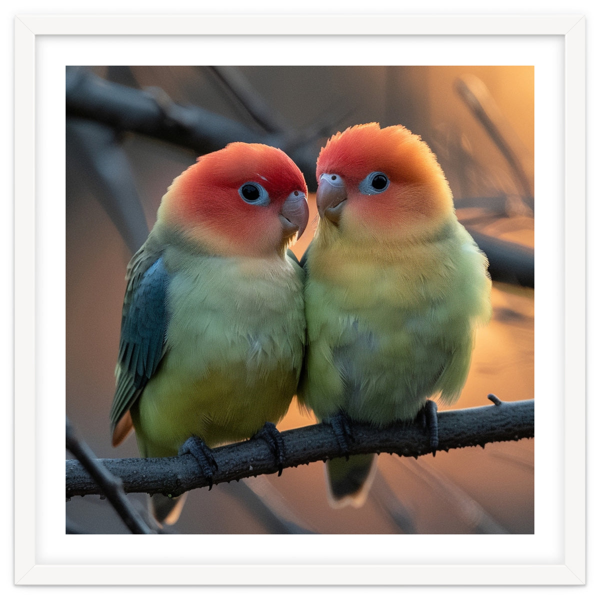 Two Lovebirds Perched On A Branch At Sunset