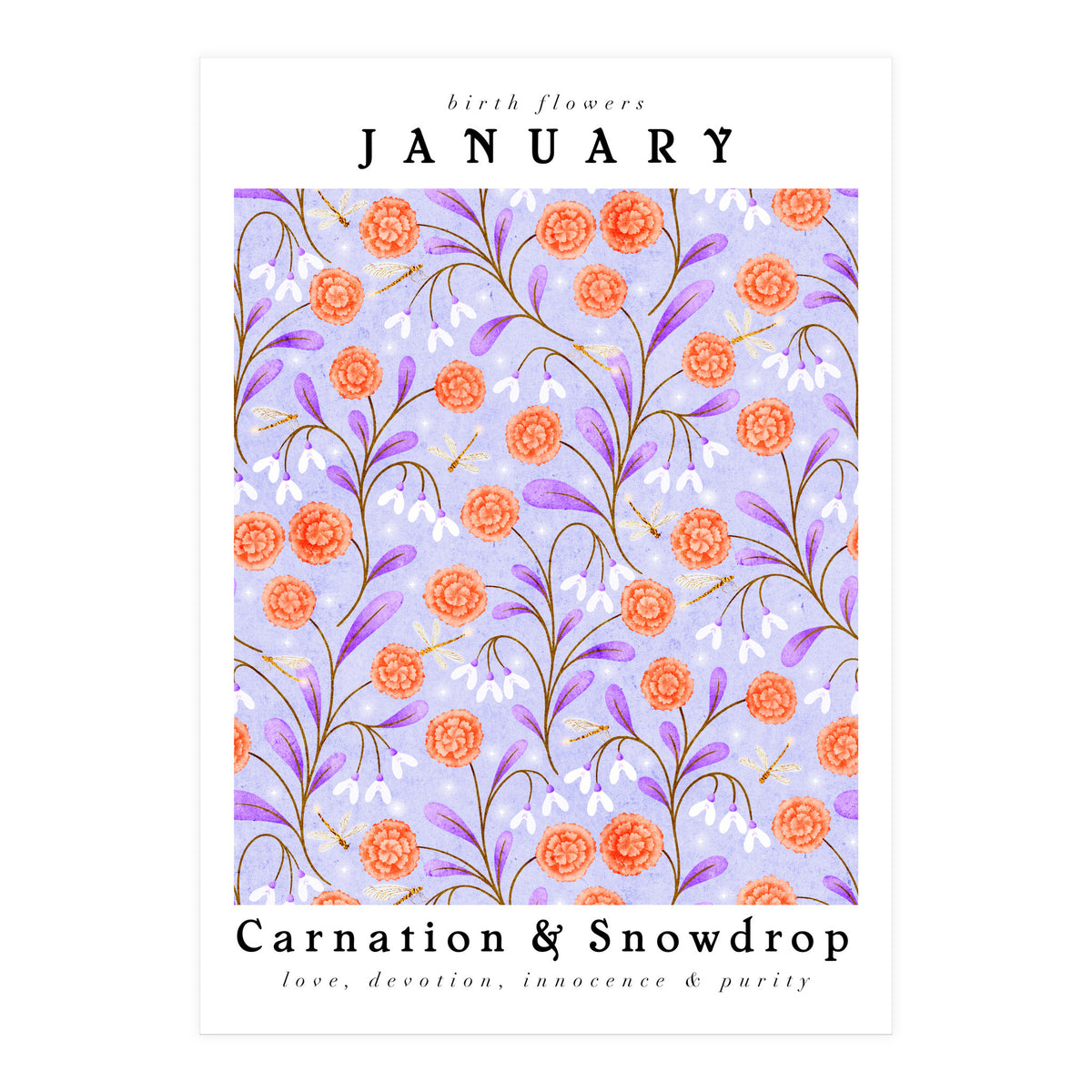 Carnations And Snowdrop January Birth Flower Floral Print (Print Only)