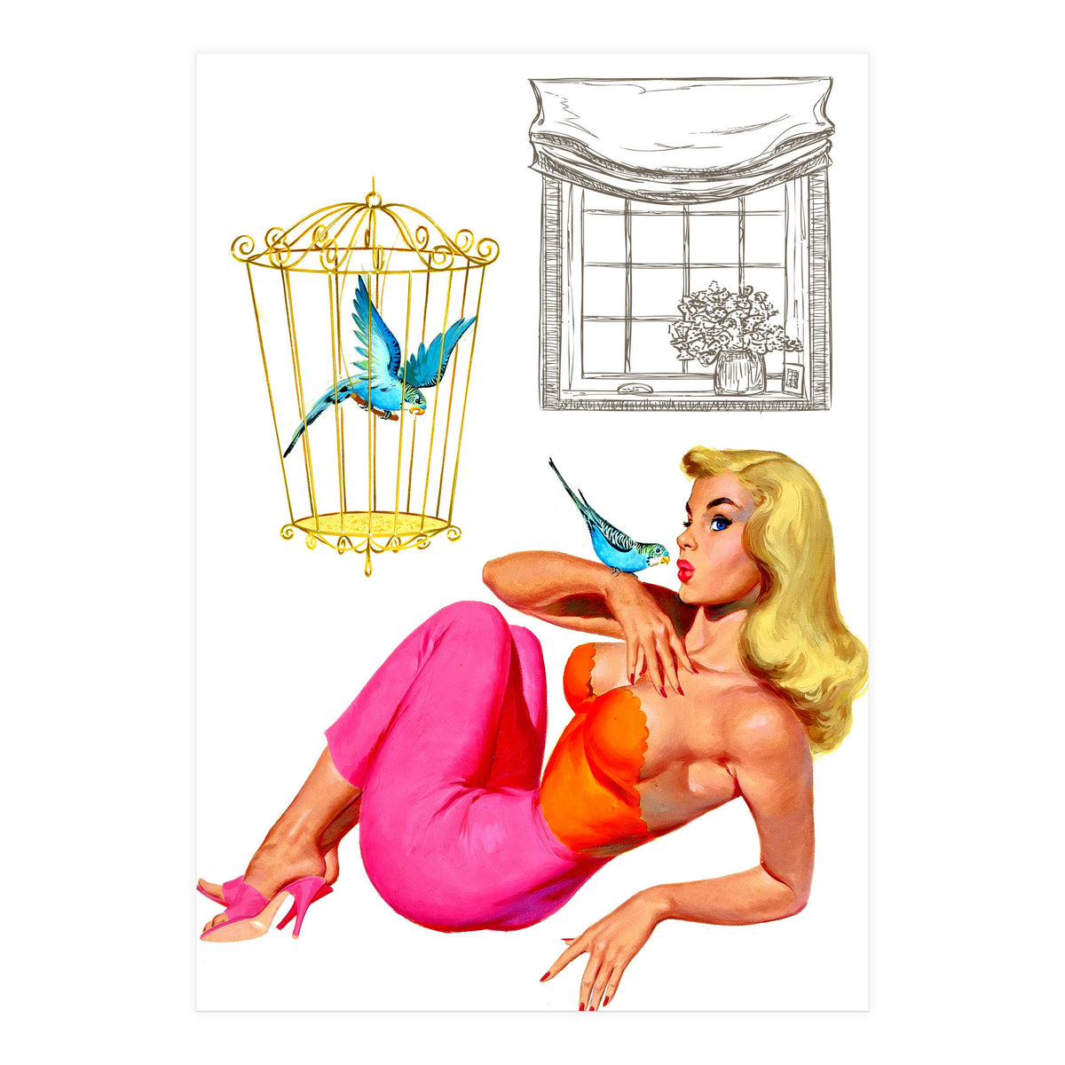 Pinup Girl With Two Birds (Print Only)