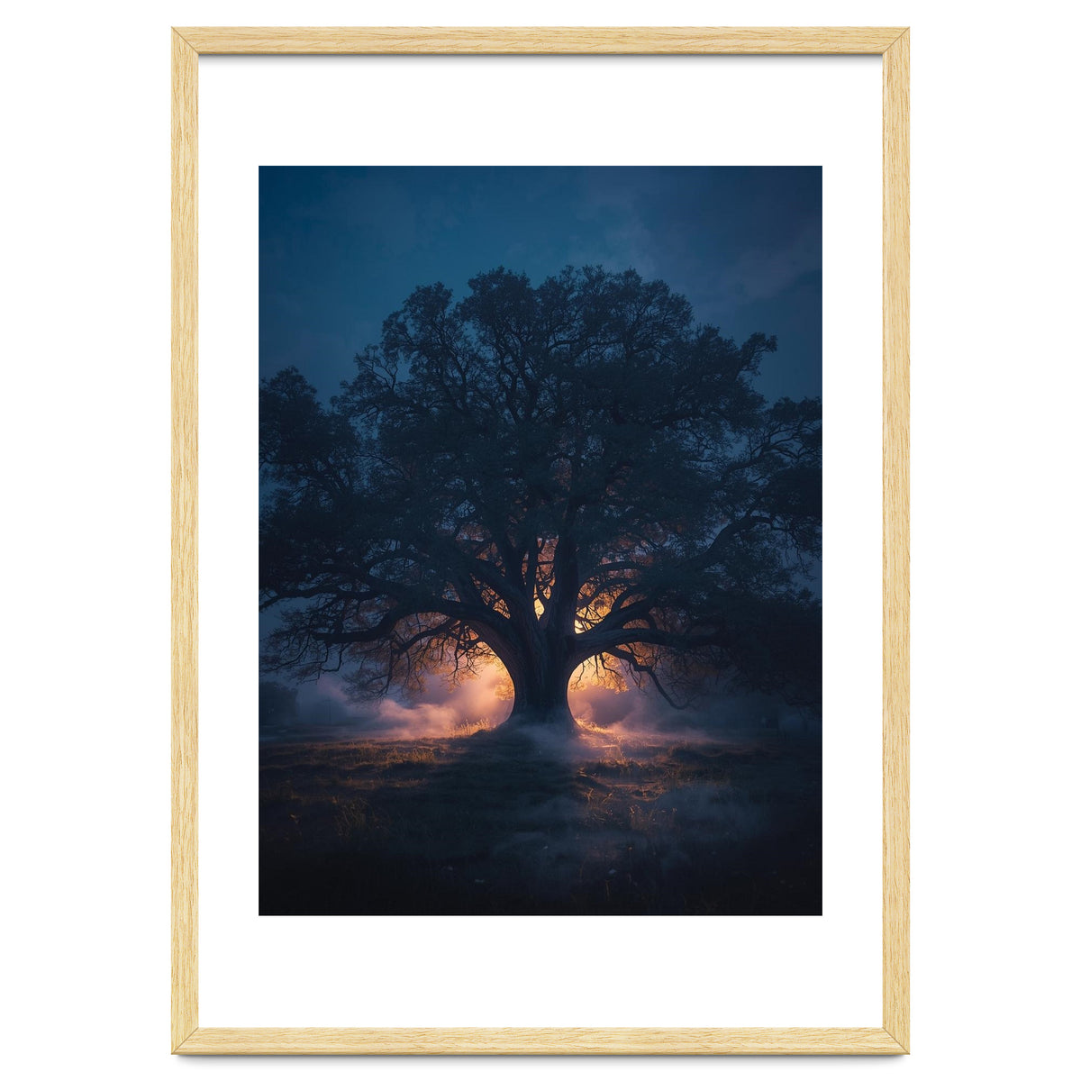 Ancient Mystical Oak Silhouette at Twilight with Ethereal Wisps